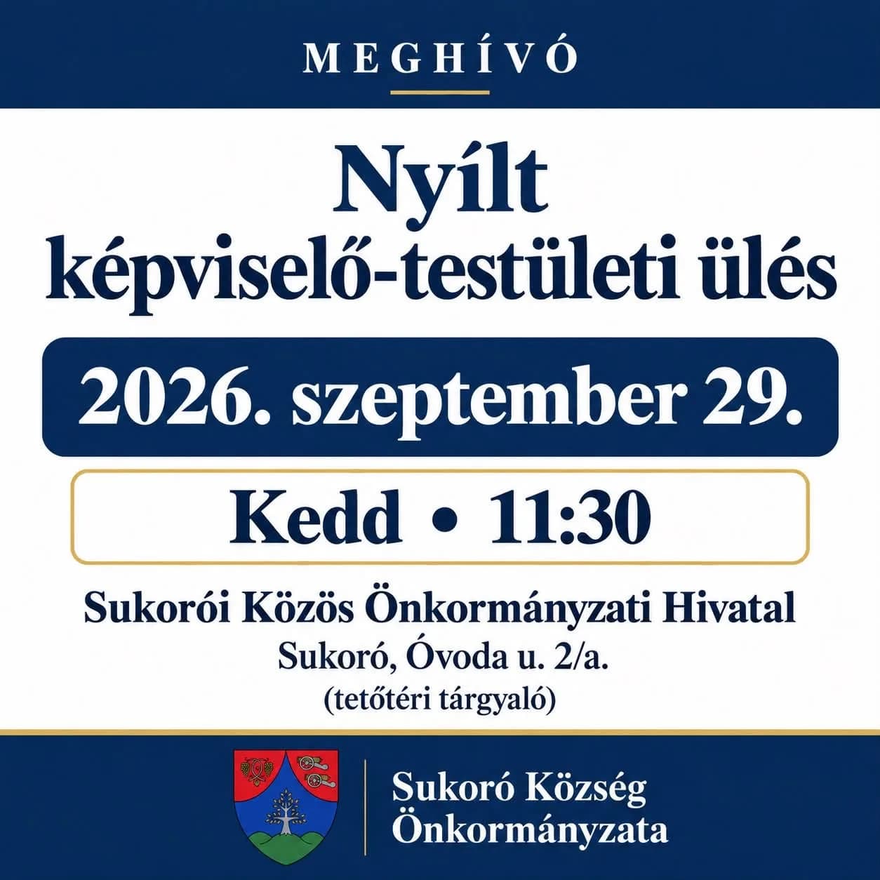 Meghívó nyílt képviselő-testületi ülésre Sukorón