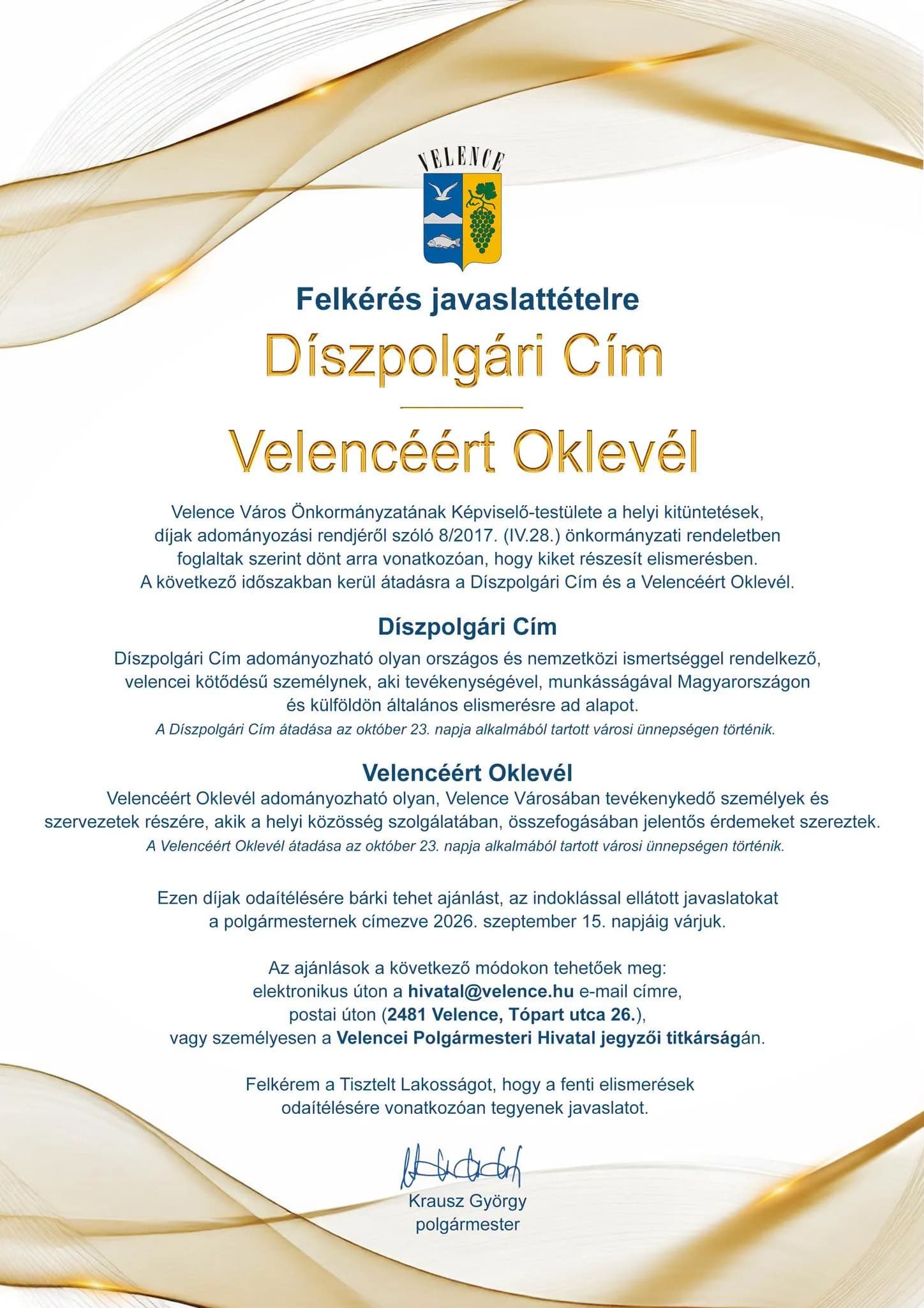 Felhívás javaslattételre – Díszpolgári Cím, Velencéért Oklevél