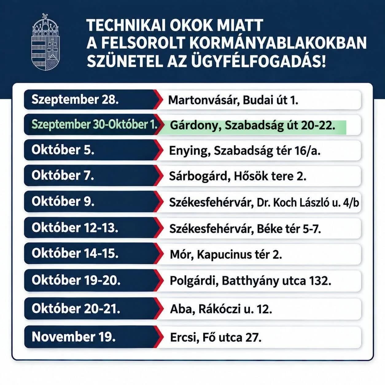 KORMÁNYABLAKOKBAN  SZÜNETEL AZ ÜGYFÉLFOGADÁS!