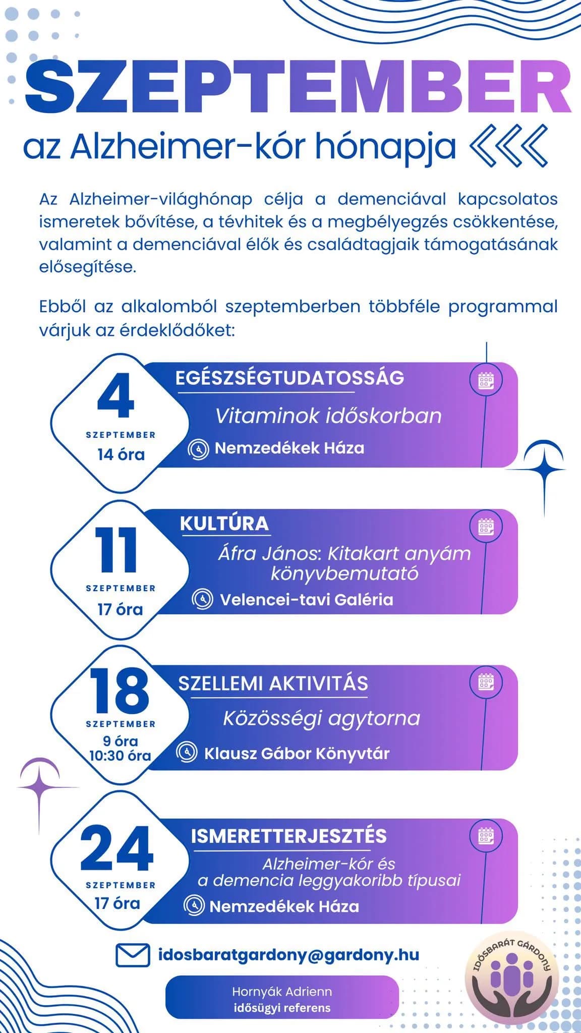 A demencia áll a szeptemberi Idősbarát Gárdony programsorozat fókuszában