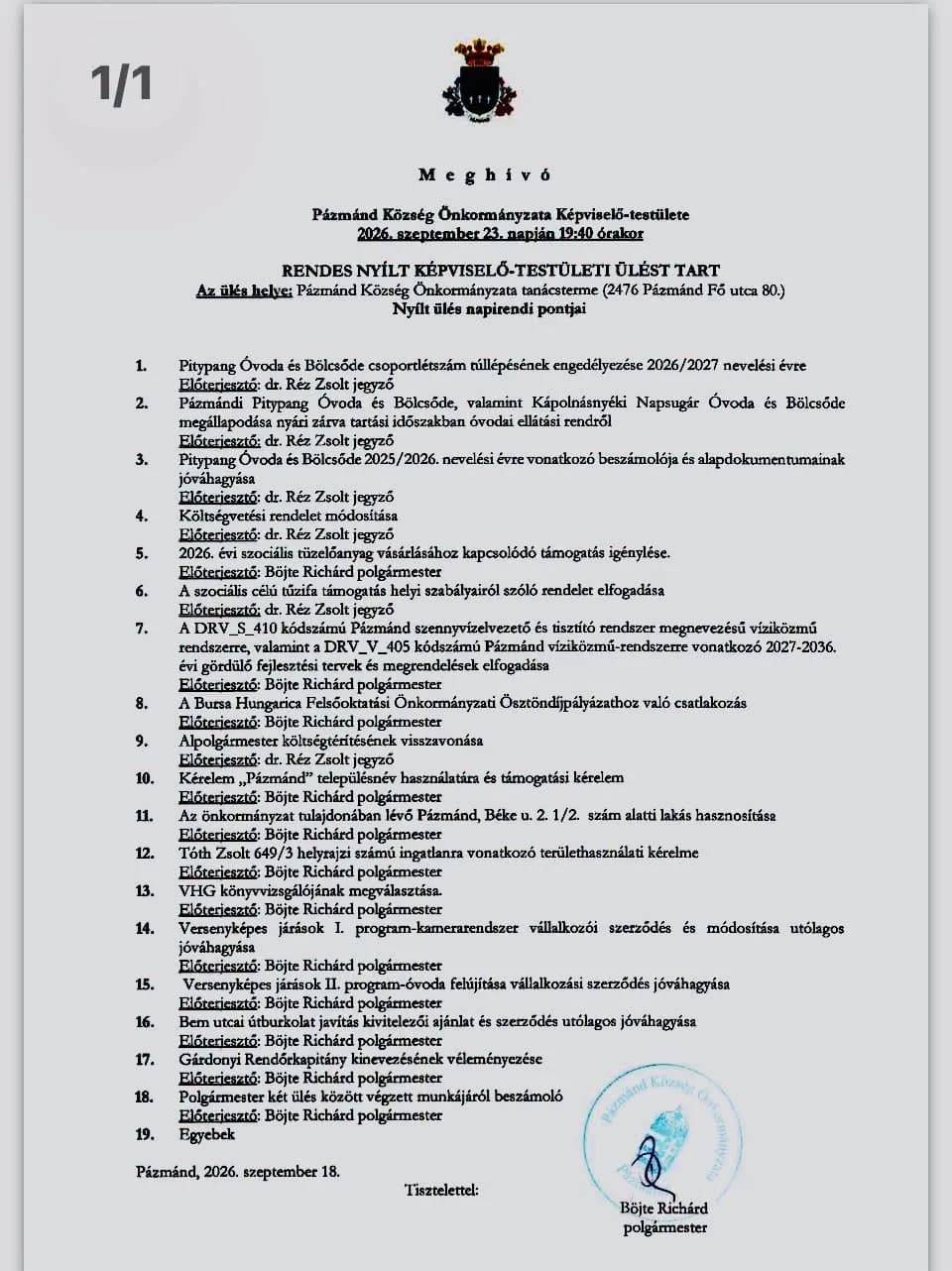 Rendes, nyílt képviselő-testületi ülés