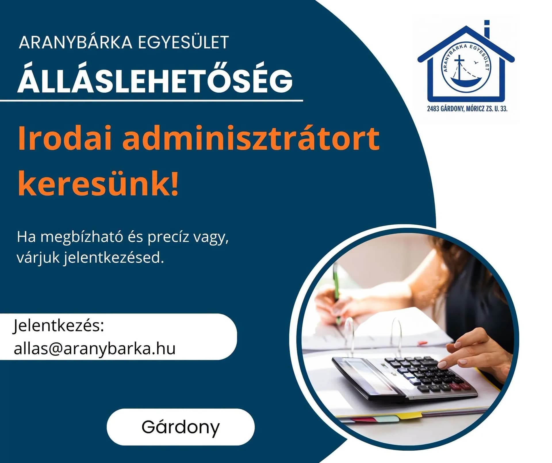 Adminisztratív munkatársat keres az Aranybárka Egyesület Gárdonyban