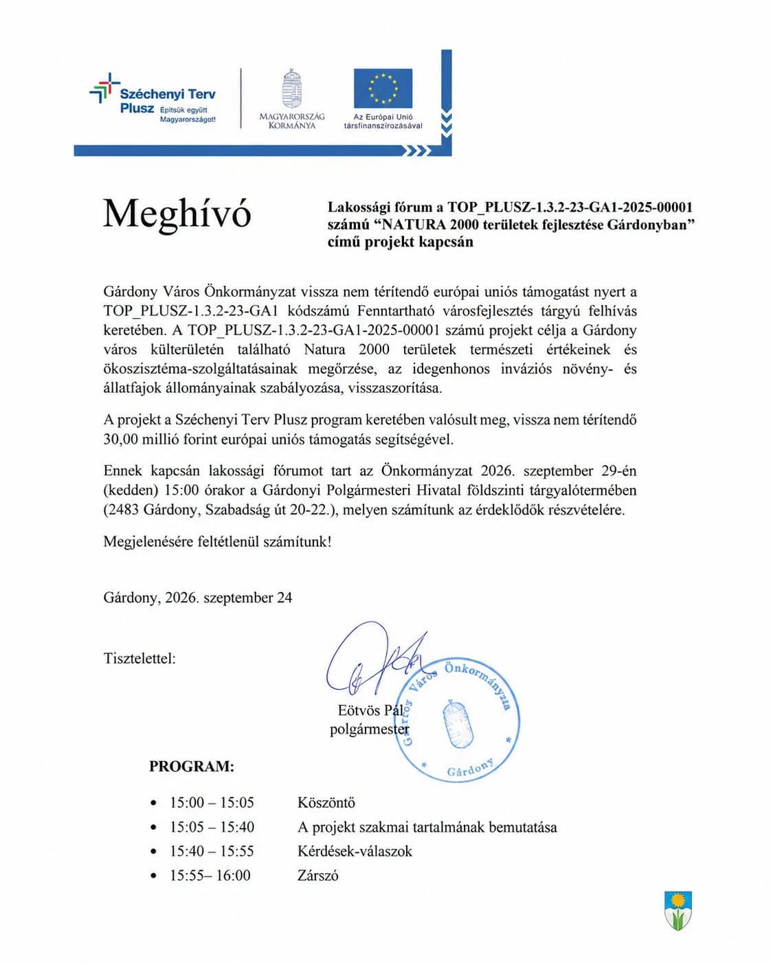 Lakossági fórum a fenntartható városfejlesztési projektről Gárdonyban